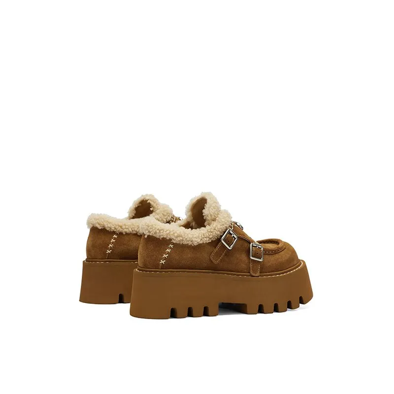 Thick Soled Fluffy Loafers Brown