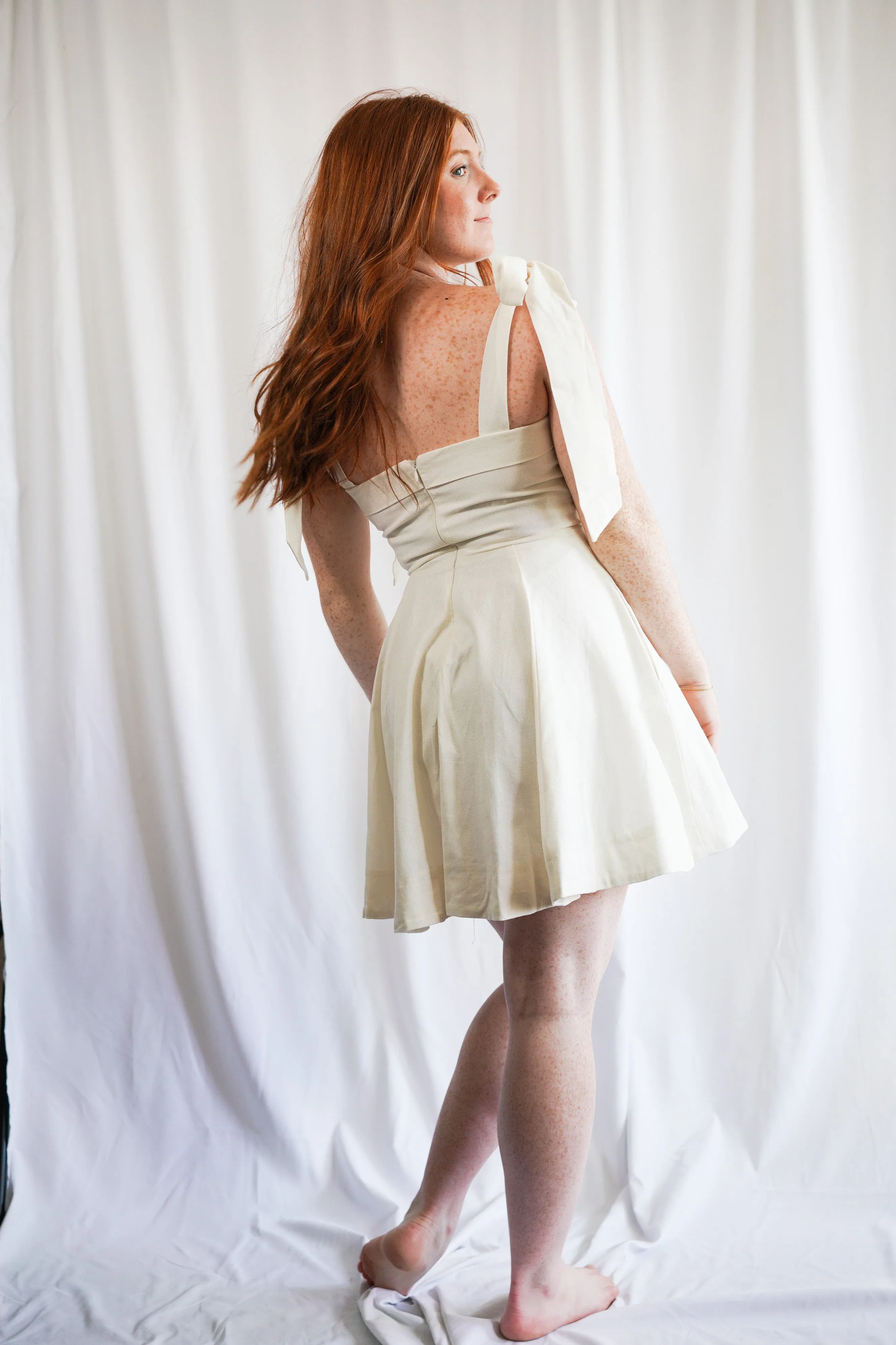 White Linen Shoulder Tie Mini Dress