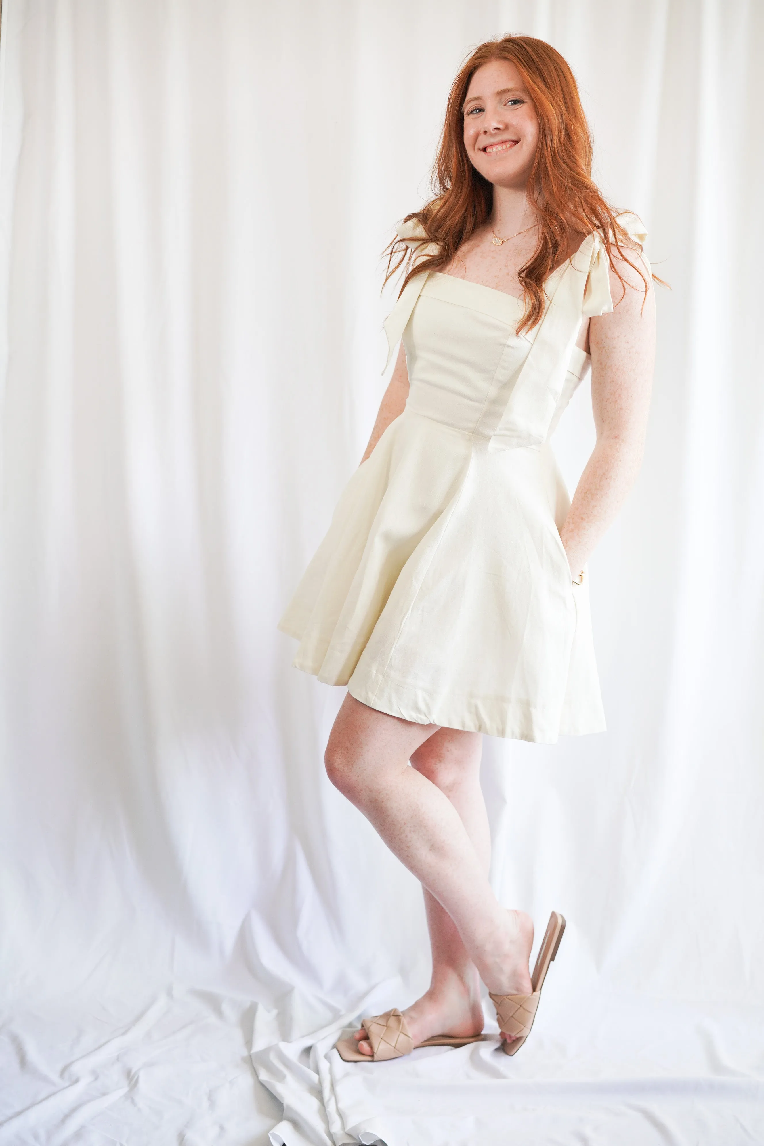 White Linen Shoulder Tie Mini Dress