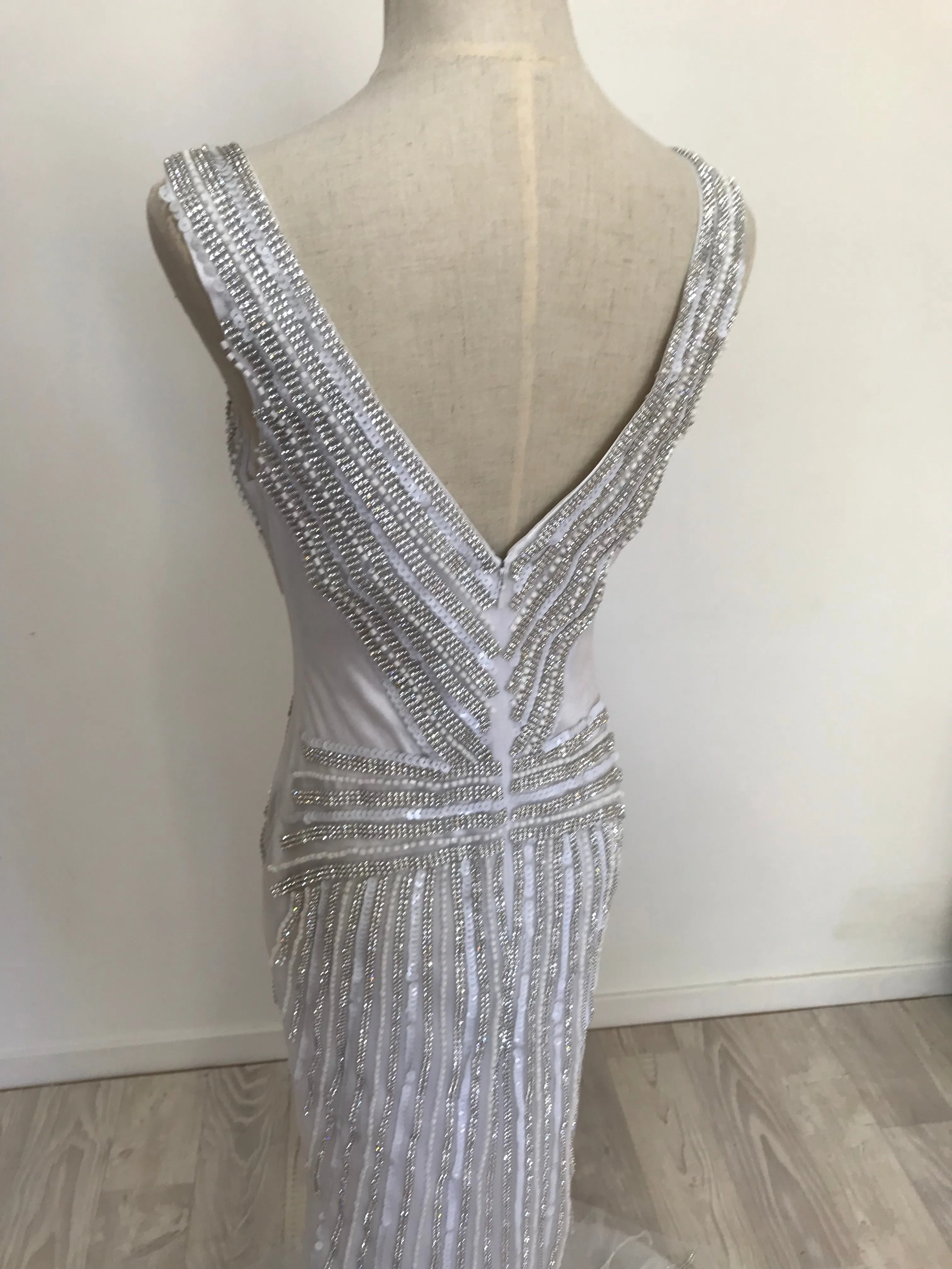 White/Silver Beaded Sequin Gown