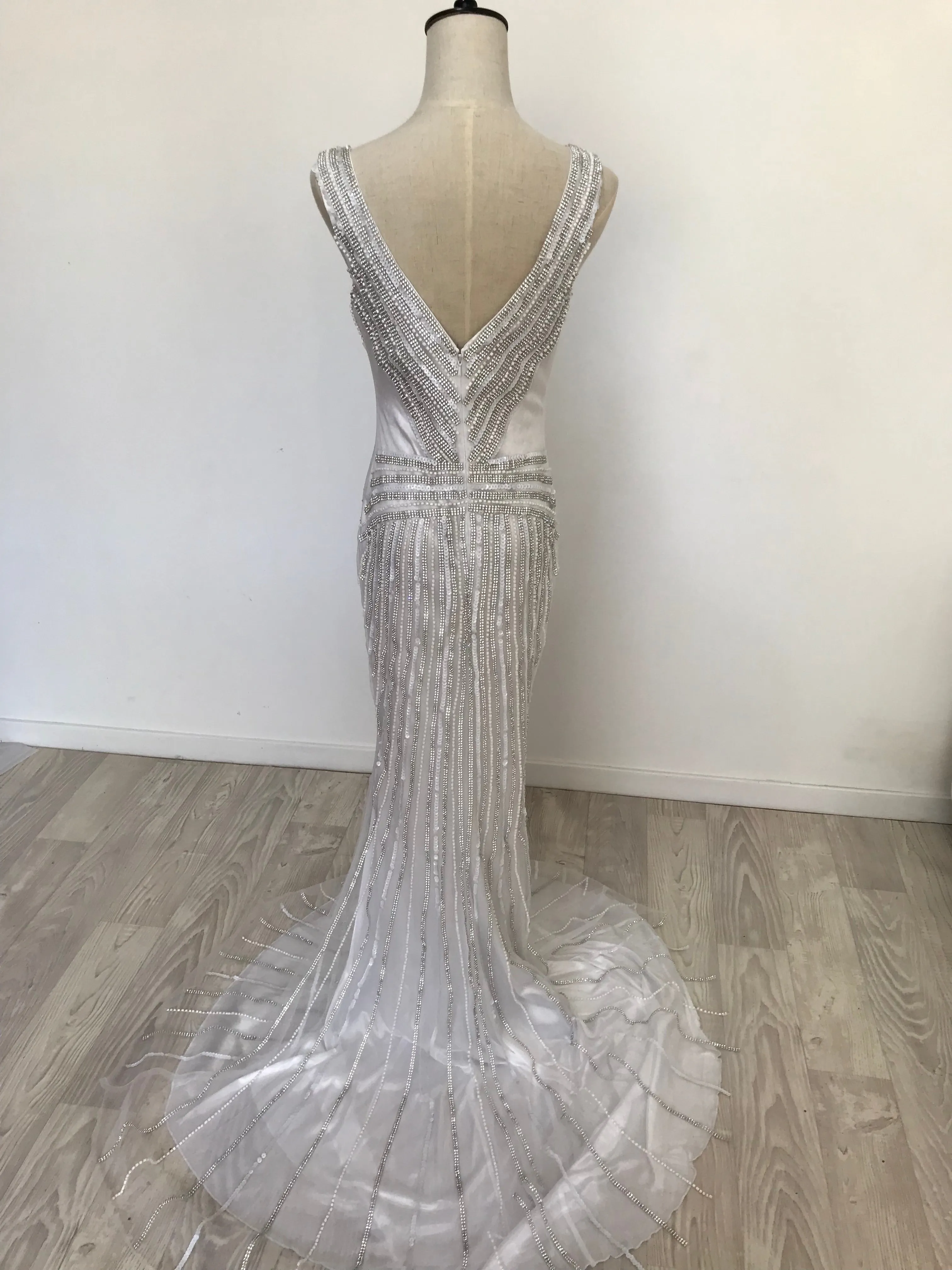 White/Silver Beaded Sequin Gown